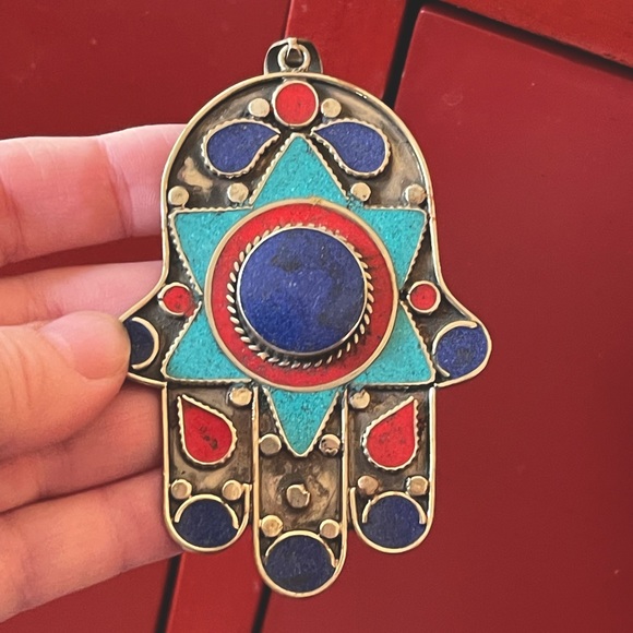 Earth Art hand crafted artisan Jewelry - Ethnic Gemstone Tibetan silver Hamsa pendant